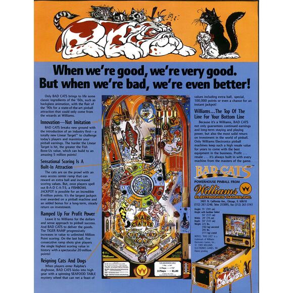 Bad Cats Pinball FLYER 1989 Original Unused Kitten Calico Cat Vintage Retro Art - Picture 3 of 4